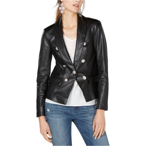 NWT INC Faux Leather Blazer Black Jacket Size PM - Picture 4 of 7